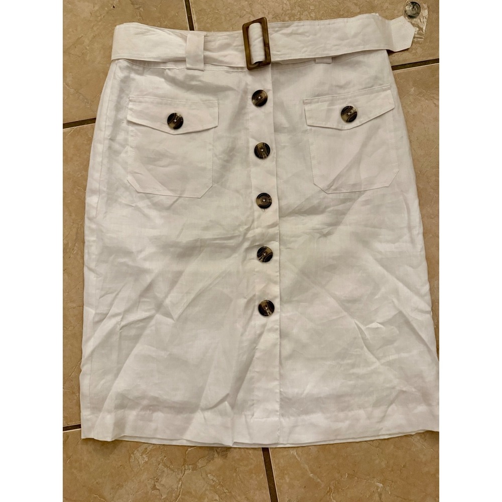 Edward White Linen Skirt Size 6 Button Front Belted Midi Pockets Summer Classic
